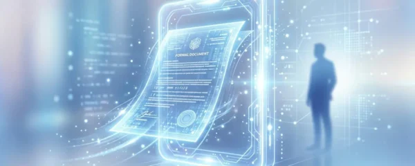 Représentation conceptuelle d'un document officiel traversant un cadre lumineux numérique sécurisé