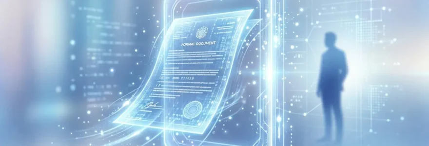 Représentation conceptuelle d'un document officiel traversant un cadre lumineux numérique sécurisé
